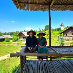 Two villagers sitting on a bamboo pavilion in a rural setting