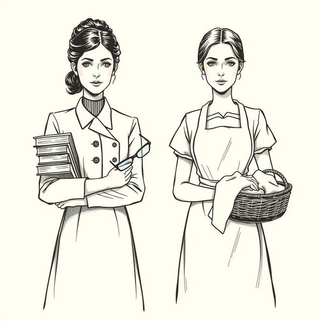 A vintage black and white hand drawing of two serious sisters in their twenties: one dressed as a school teacher with a neat dress and books, the other in a simple dress with an apron and a basket of laundry