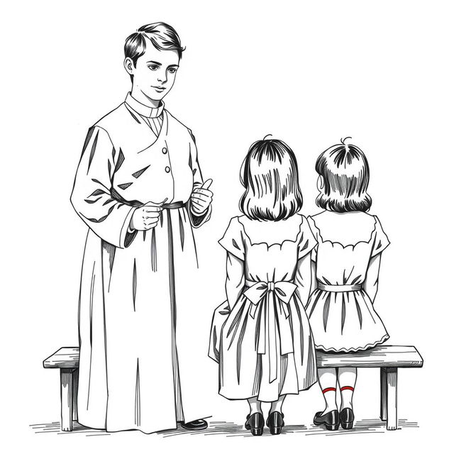 A vintage black and white hand drawing of a young clergyman in his twenties, dressed neatly, speaking to two teenage girls in dresses sitting on a bench with their backs facing the viewer