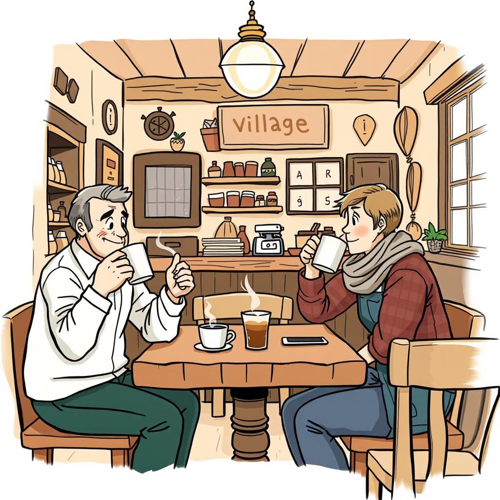 Two people drinking coffee at a village café