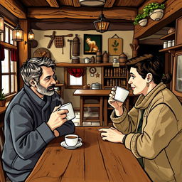 Two people drinking coffee at a village café