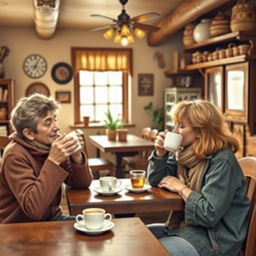 Two people drinking coffee at a village café