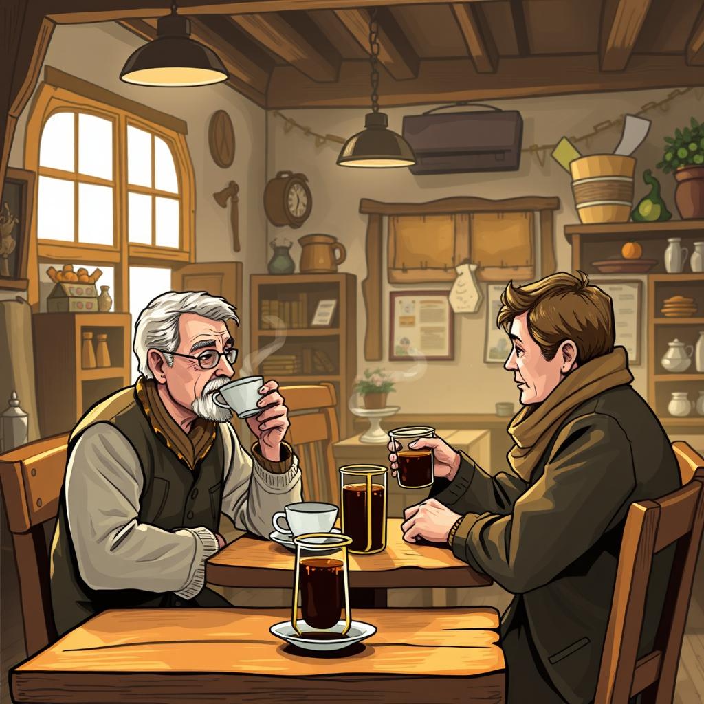 Two people drinking coffee at a village café