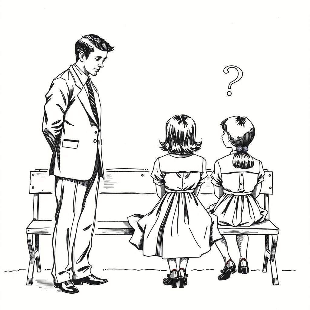 A vintage black and white hand drawing of a clergyman in his twenties, dressed in a suit, asking a question to two teenage girls in dresses sitting on a bench with their backs facing the viewer