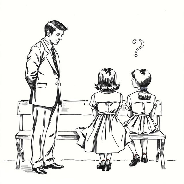 A vintage black and white hand drawing of a clergyman in his twenties, dressed in a suit, asking a question to two teenage girls in dresses sitting on a bench with their backs facing the viewer