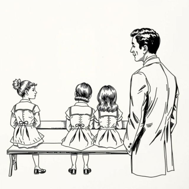 A vintage black and white hand drawing of a clergyman in his twenties, dressed in a suit, asking a question to two older teenage girls in dresses sitting on a bench with their backs facing the viewer