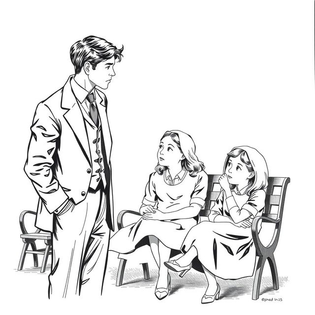 A vintage black and white hand drawing of a handsome clergyman in his twenties, dressed in a suit, standing in front of two young women sitting on a bench