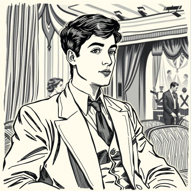 A vintage black and white hand drawing of a handsome dark-haired young man sitting at a musical, dressed in early 20th-century attire, with subtle details of the theater and stage