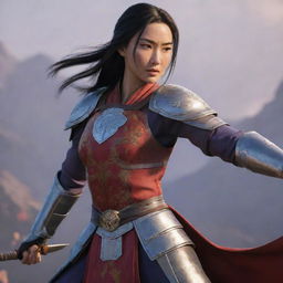 Mulan from the game 'Honor of Kings', depicted in her iconic armor and holding her weapon, ready for battle