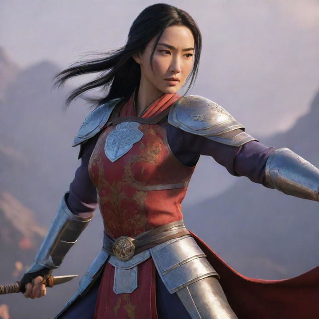 Mulan from the game 'Honor of Kings', depicted in her iconic armor and holding her weapon, ready for battle