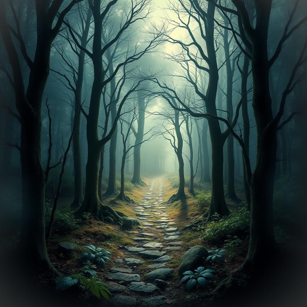 Create a captivating book cover featuring a mysterious forest with a hidden path