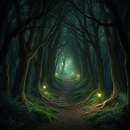 Create a captivating book cover featuring a mysterious forest with a hidden path