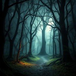 Create a captivating book cover featuring a mysterious forest with a hidden path