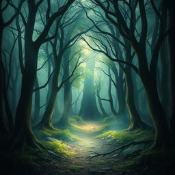 Create a captivating book cover featuring a mysterious forest with a hidden path