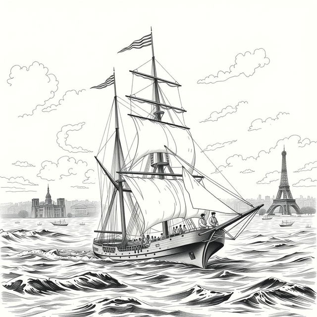 A vintage black and white hand drawing of an 1800s ship traveling to Paris, featuring intricate ship details, sailors at work, and a distant view of the Parisian skyline with landmarks