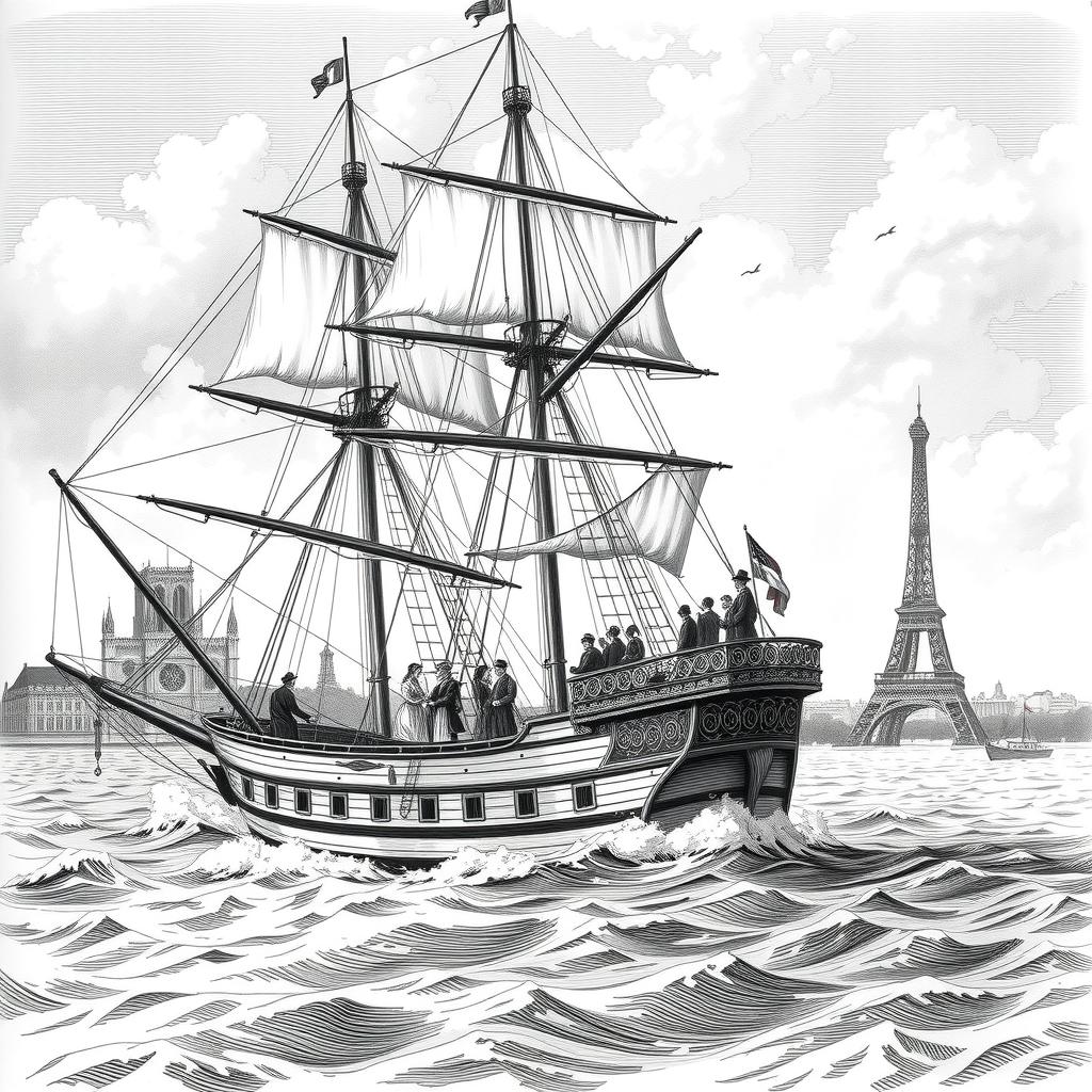 A vintage black and white hand drawing of an 1800s ship taking passengers to Paris, featuring intricate ship details, passengers in 19th-century attire, and a distant view of the Parisian skyline with landmarks