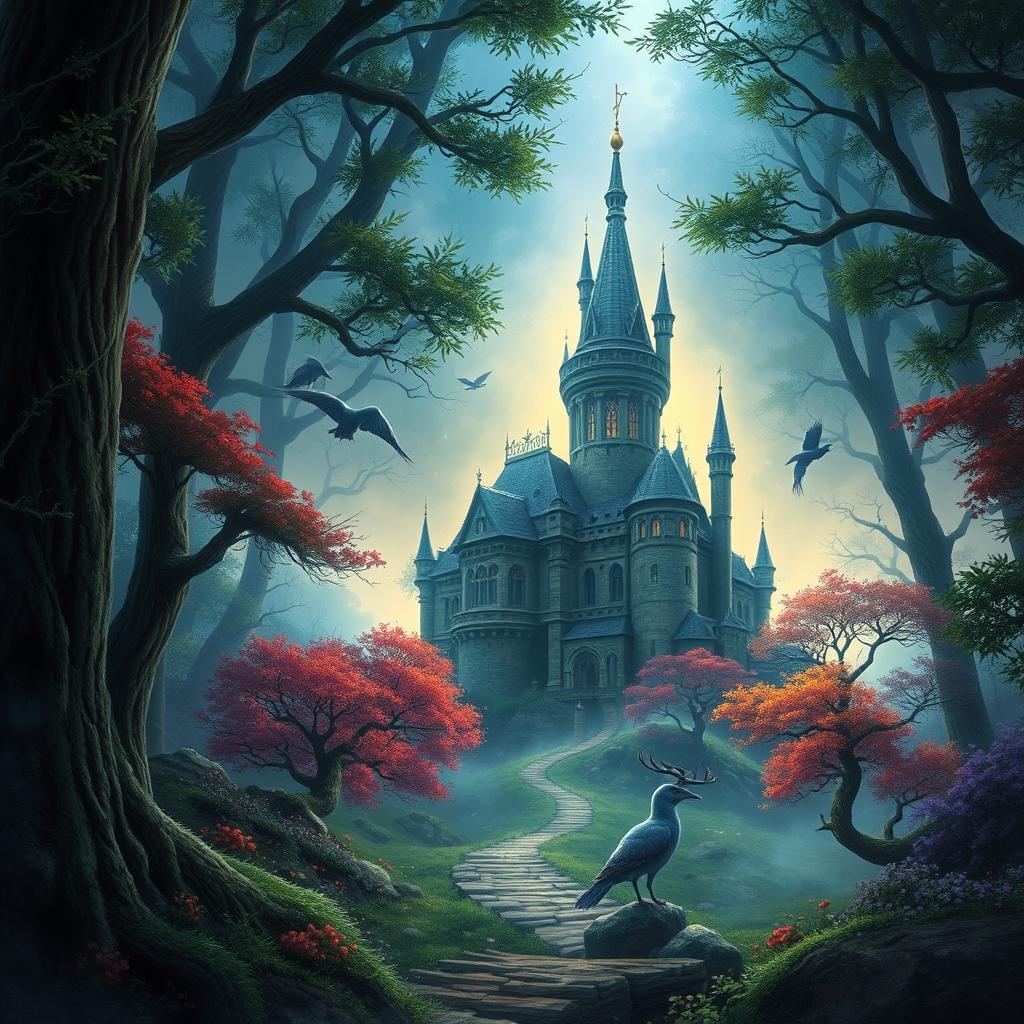 Create a captivating book cover featuring a mysterious forest with an ancient castle in the background