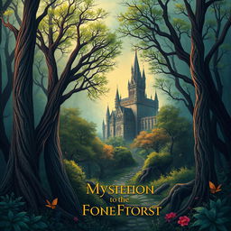 Create a captivating book cover featuring a mysterious forest with an ancient castle in the background