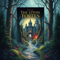 Create a captivating book cover featuring a mysterious forest with an ancient castle in the background