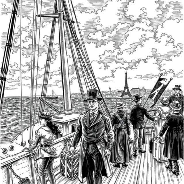 A vintage black and white hand drawing of an 1800s ship taking passengers to Paris, featuring intricate ship details, passengers in 19th-century attire, one man in dark glasses and clothing, and a distant view of the Parisian skyline with landmarks