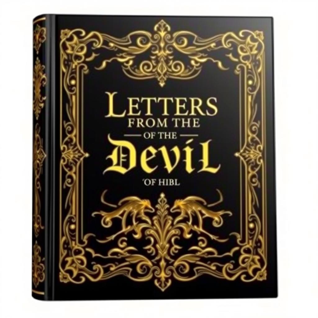 Create a book cover in black and gold, reminiscent of a bible but with demonic details