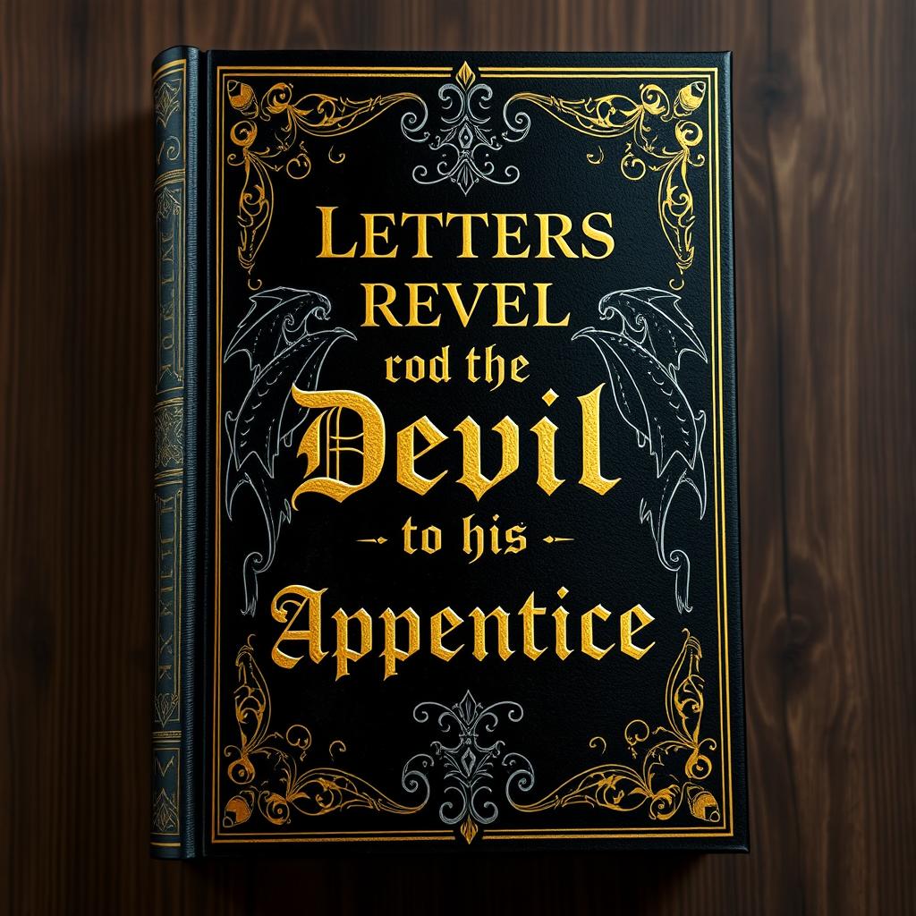 Create a book cover in black and gold, reminiscent of a bible but with demonic details