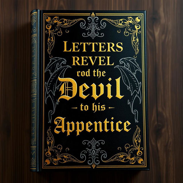 Create a book cover in black and gold, reminiscent of a bible but with demonic details