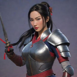 Mulan from the game 'Honor of Kings', depicted in her iconic armor and holding her weapon, ready for battle