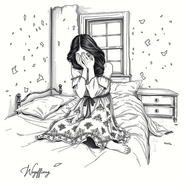 A black and white vintage hand drawing of a young woman crying with hands over her face on a ragged bed in an old hotel room with one window, reflecting deep sorrow and despair