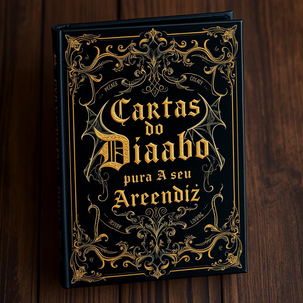 Create a book cover in black and gold, reminiscent of a bible but with demonic details