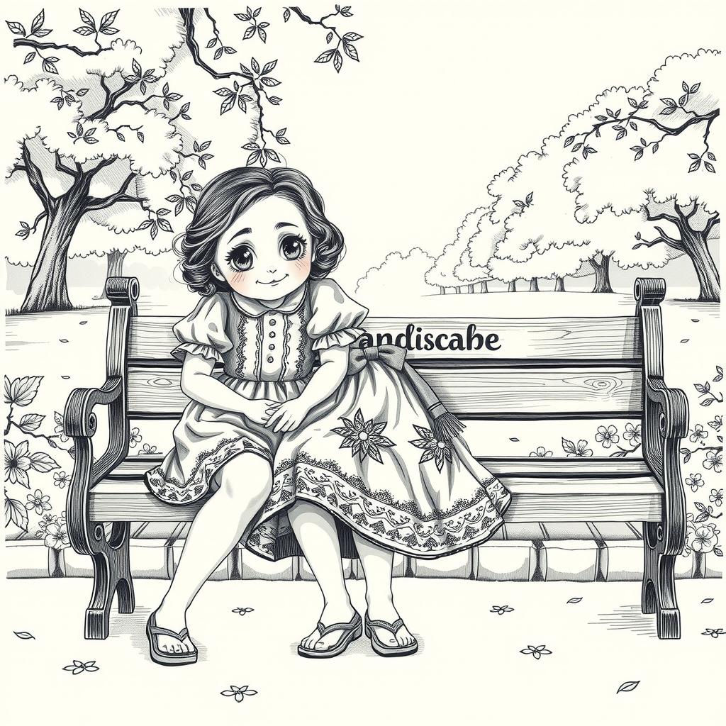 A black and white vintage hand drawing of a teenage girl and her female friend sitting on a bench in dresses, with no feet visible and no name or signature, set in a serene park with intricate details