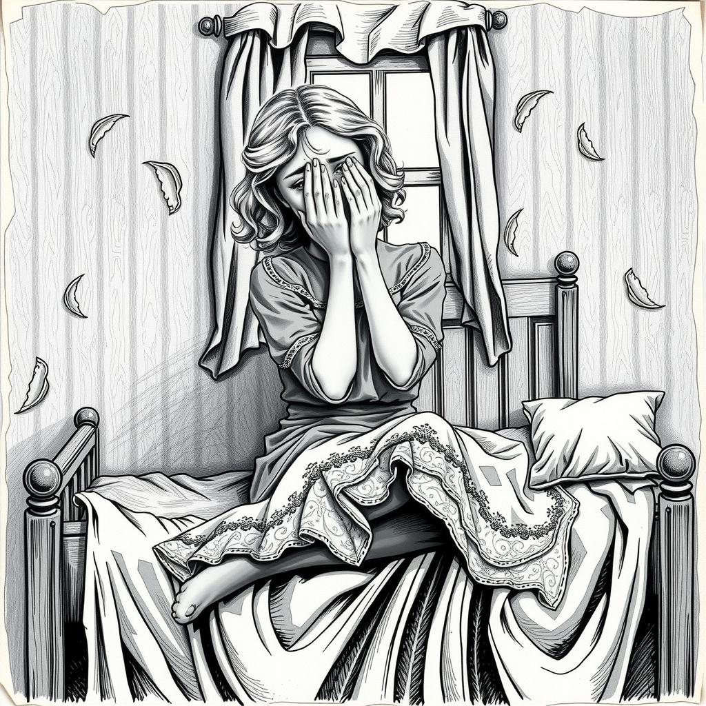 A vintage black and white drawing of a young woman crying on an old bed with hands over her face, light-colored hair, in an old hotel room with one window, reflecting deep sorrow and despair