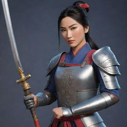 Mulan from the game 'Honor of Kings', depicted in her iconic armor and holding her weapon, ready for battle