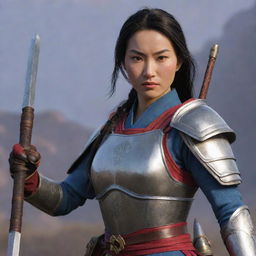 Mulan from the game 'Honor of Kings', depicted in her iconic armor and holding her weapon, ready for battle