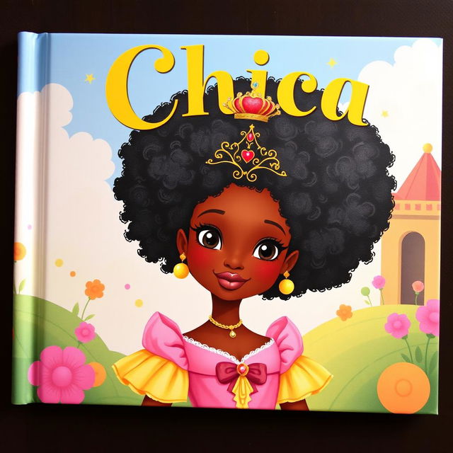 Create a children's book cover featuring a black princess with afro hair styled in a 1700s French Marie Antoinette hairstyle