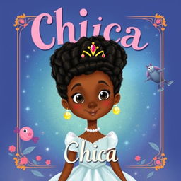 Create a children's book cover featuring a black princess with afro hair styled in a 1700s French Marie Antoinette hairstyle