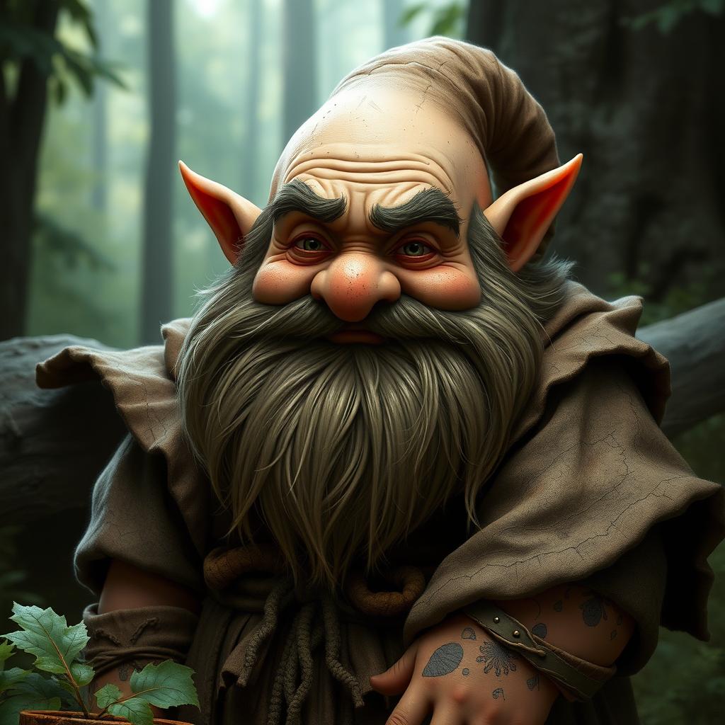 A deep gnome druid character who is short, pudgy, and balding