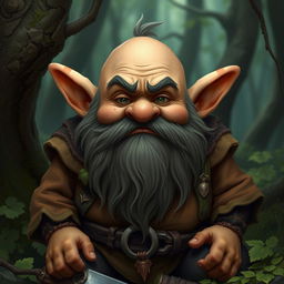 A deep gnome druid character who is short, pudgy, and balding