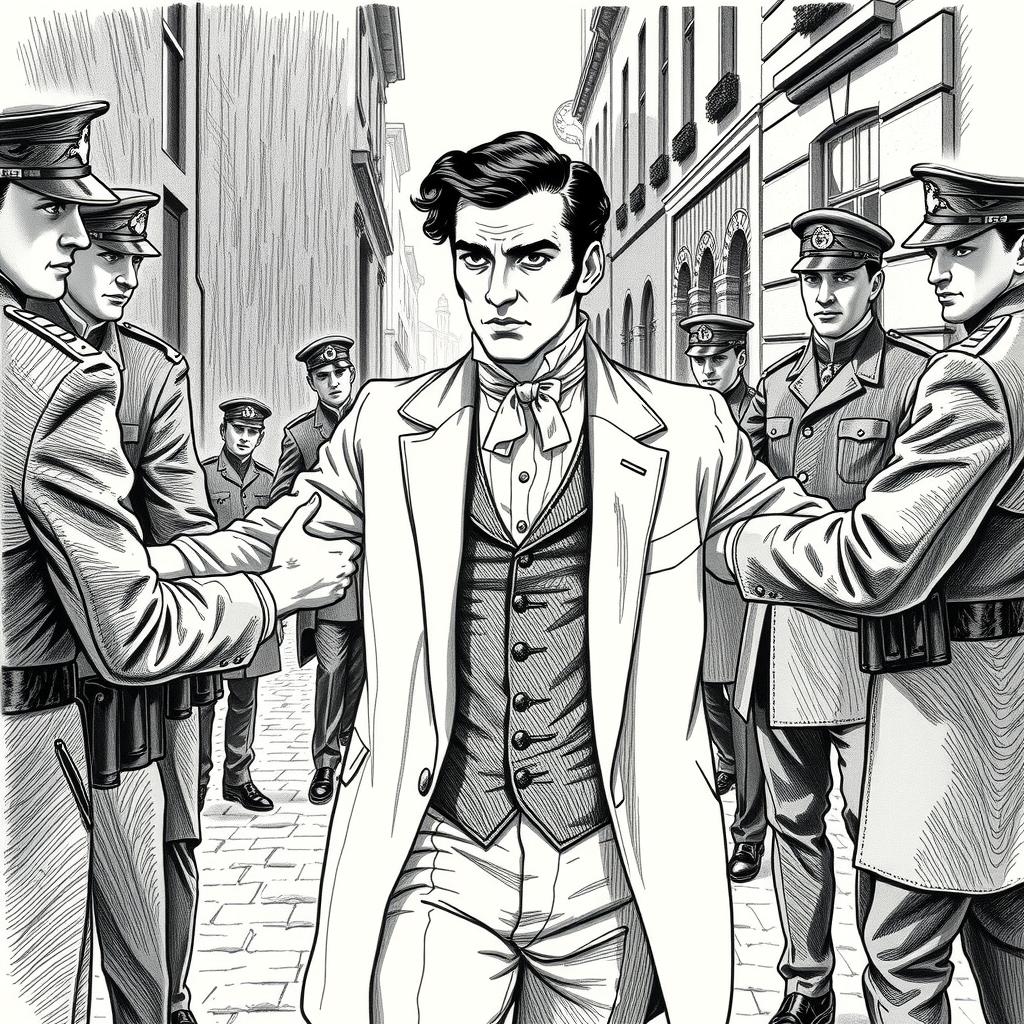 A vintage black and white drawing of a handsome, dark-haired, well-dressed man being arrested by French police in the 19th century on a cobblestone street with detailed period attire and setting