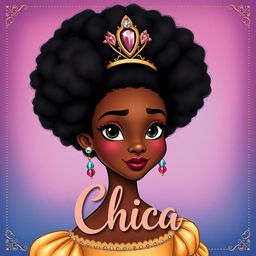 Create a children's book cover featuring a black princess with afro hair styled in a 1700s French Marie Antoinette hairstyle