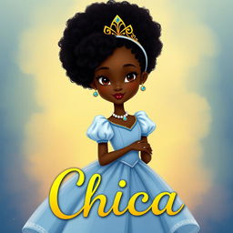 Create a children's book cover featuring a black princess with afro hair styled in a 1700s French Marie Antoinette hairstyle