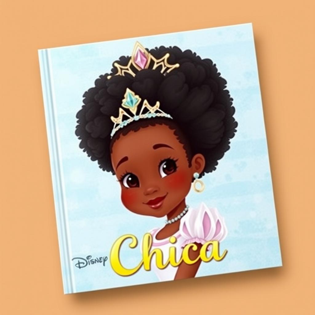 Create a children's book cover featuring a black princess with afro hair styled in a 1700s French Marie Antoinette hairstyle