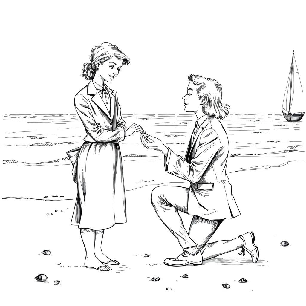 A vintage black and white drawing of a clergyman in a suit proposing to a young woman with light-colored hair at a beach, featuring detailed period attire and a romantic, serene setting