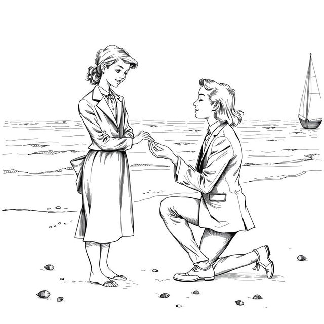 A vintage black and white drawing of a clergyman in a suit proposing to a young woman with light-colored hair at a beach, featuring detailed period attire and a romantic, serene setting