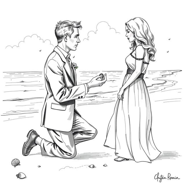 A vintage black and white drawing of an older clergyman in a suit proposing to a young woman with light-colored hair at a beach, featuring detailed period attire and a romantic, serene setting