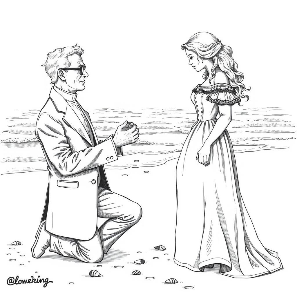 A vintage black and white drawing of an older clergyman in a suit proposing to a young woman in a vintage 1866 dress at a beach, featuring detailed period attire and a romantic, serene setting