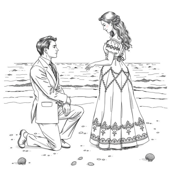 A vintage black and white drawing of a young clergyman in his twenties proposing to a young woman in a vintage 1866 dress at a beach, featuring detailed period attire and a romantic, serene setting