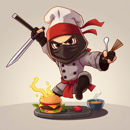 An animated character representing a ninja chef with a katana in one hand and kitchen utensils in the other