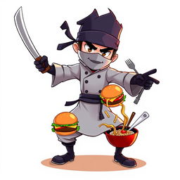 An animated character representing a ninja chef with a katana in one hand and kitchen utensils in the other