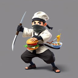 An animated character representing a ninja chef with a katana in one hand and kitchen utensils in the other